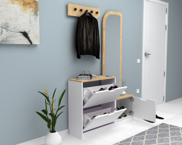 Dmodül Volge Aynalı Ayakkabılık 110 cm Meşe Beyaz Derinlik 30cm