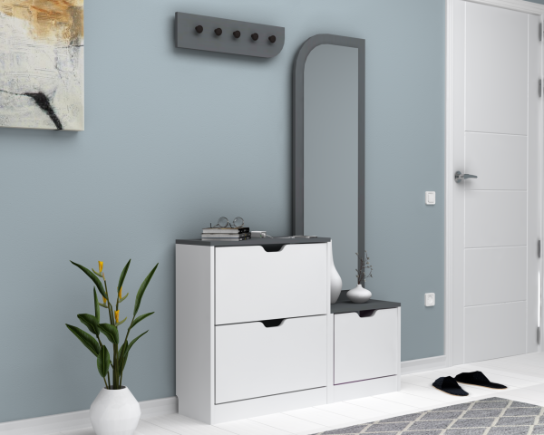 Dmodül Volge Aynalı Ayakkabılık 110 cm Gri Beyaz Derinlik 30cm