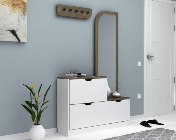 Dmodül Volge Aynalı Ayakkabılık 110 cm Ceviz Beyaz Derinlik 30cm