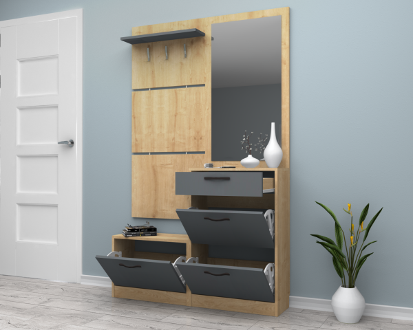 Dmodül Soft Aynalı Ayakkabılık 120 cm Meşe Gri Derinlik 30cm
