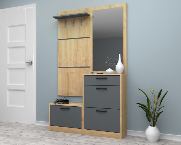Dmodül Soft Aynalı Ayakkabılık 120 cm Meşe Gri Derinlik 30cm