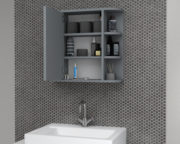 Zeus 65cm Aynalı Banyo Üst Dolabı Gri
