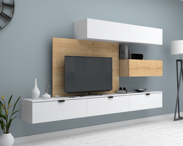 Dmodül Otto 270 cm Duvar Asma Tv Ünitesi Beyaz Meşe