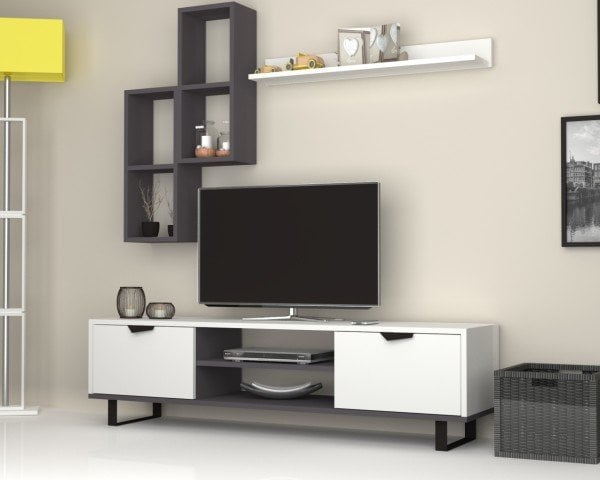 Dmodül Lonsa Metal Ayaklı Tv Ünitesi 160 cm Gri-Beyaz