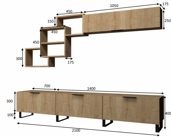 Dmodül   Losta Metal Ayaklı Tv Ünitesi 210 cm Meşe