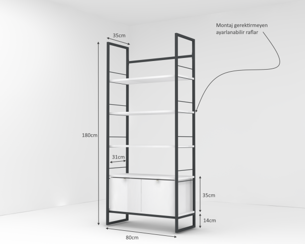 Kary Metal Ayaklı Kitaplık 80cm Beyaz
