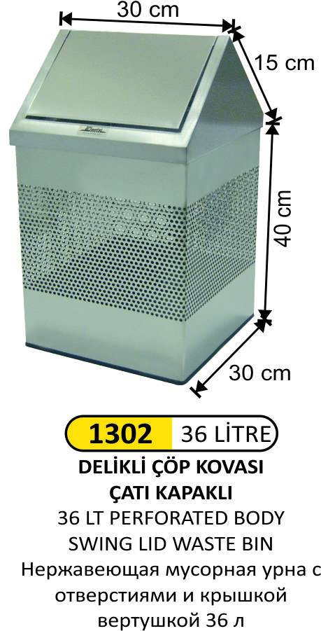 ÇATI KAPAKLI ÇÖP KOVASI GÖVDE DELİKLİ PASLANMAZ 36 LİTRE