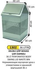 ÇATI KAPAKLI ÇÖP KOVASI GÖVDE DELİKLİ PASLANMAZ 36 LİTRE