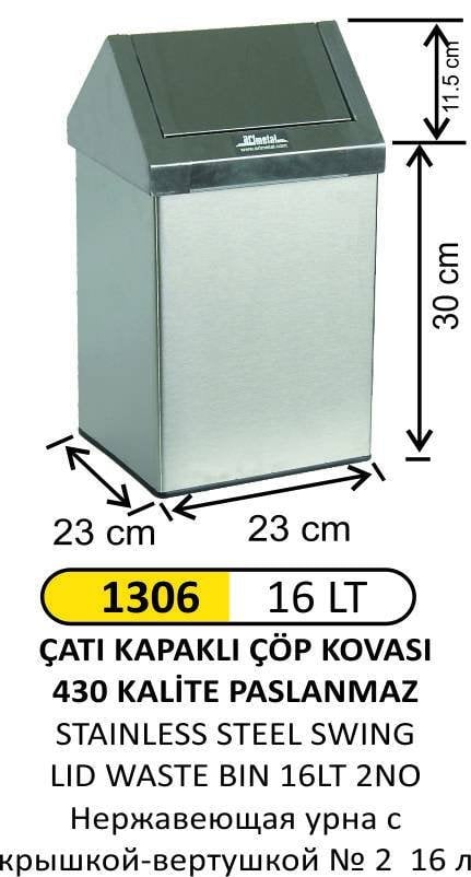 ÇATI KAPAKLI ÇÖP KOVASI 2 NO PASLANMAZ 16 LT