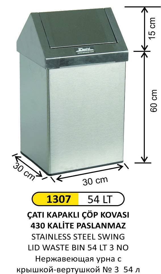 ÇATI KAPAKLI ÇÖP KOVASI 3 NO PASLANMAZ 54 LT