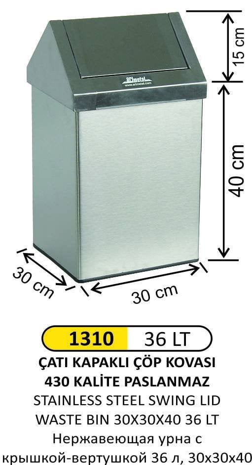 ÇATI KAPAKLI ÇÖP KOVASI 36 LT PASLANMAZ
