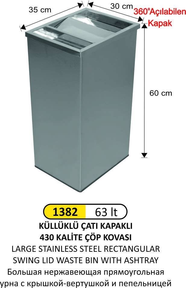 DİKDÖRTGEN ÇATI KAPAKLI KÜLLÜKLÜ ÇÖP KOVASI PASLANMAZ BÜYÜK BOY