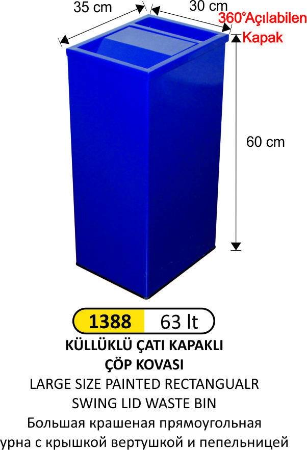 DİKDÖRTGEN ÇATI KAPAKLI KÜLLÜKLÜ ÇÖP KOVASI BOYALI BÜYÜK BOY