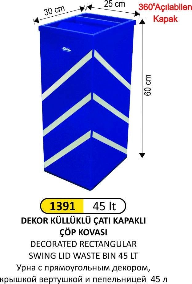 DİKTÖRTGEN DEKORLU ÇATI KAPAKLI KÜLLÜKLÜ ÇÖP KOVASI 45 LT