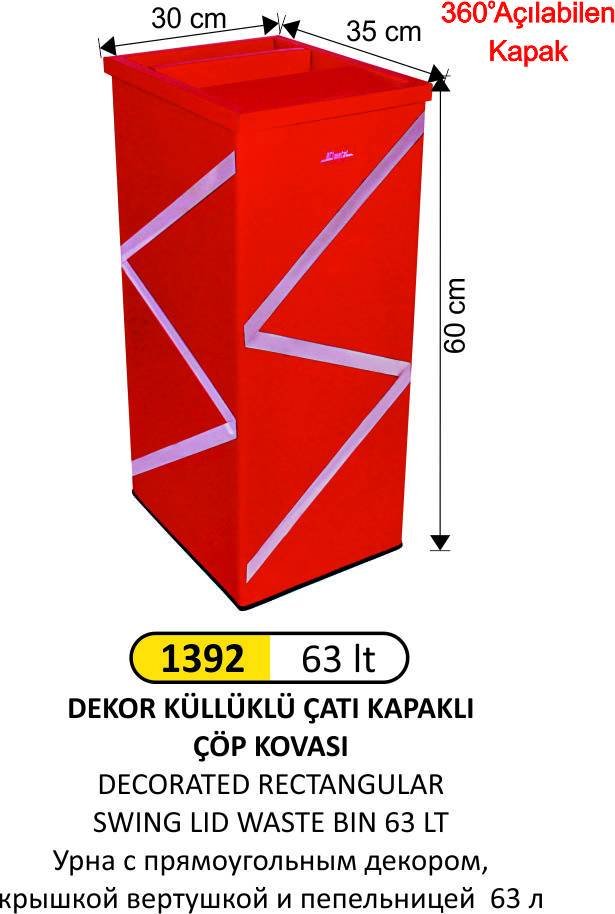 DİKTÖRTGEN DEKORLU ÇATI KAPAKLI KÜLLÜKLÜ ÇÖP KOVASI 63 LT