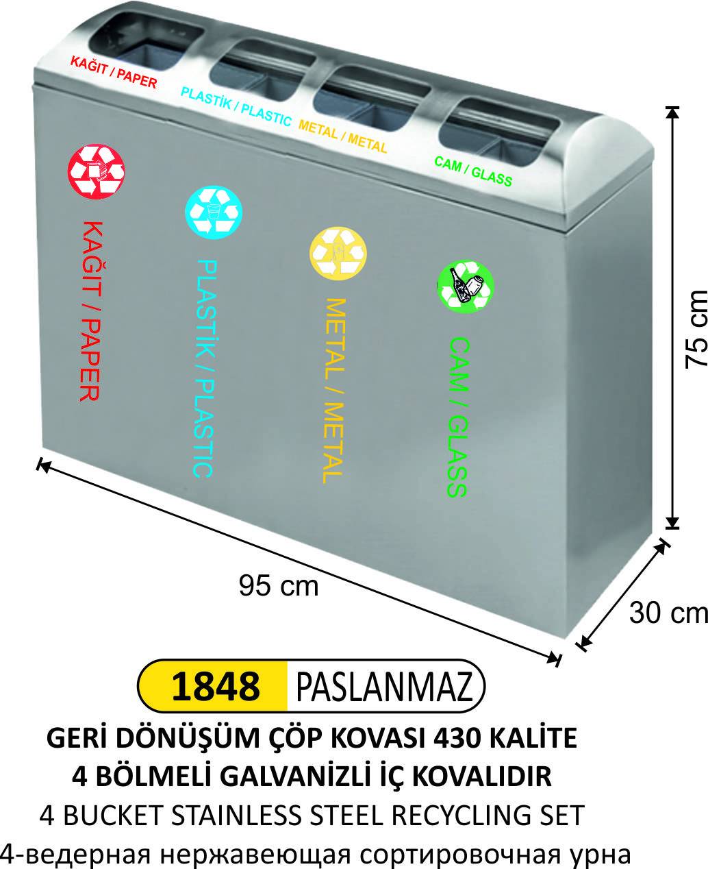 GERİDÖNÜŞÜM ÇÖP KOVASI 4 LÜ PASLANMAZ