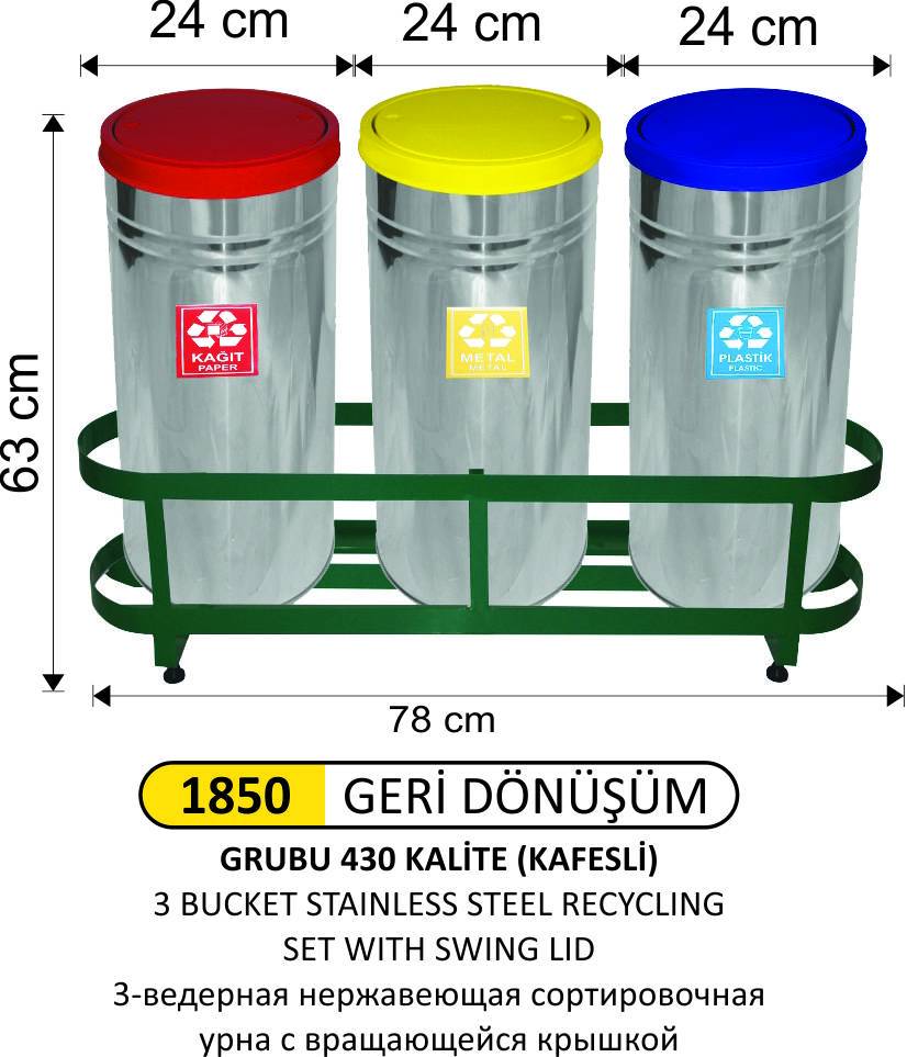 GERİDÖNÜŞÜM ÇÖP KOVASI 3 LÜ PASLANMAZ DÖNER KAPAKLI