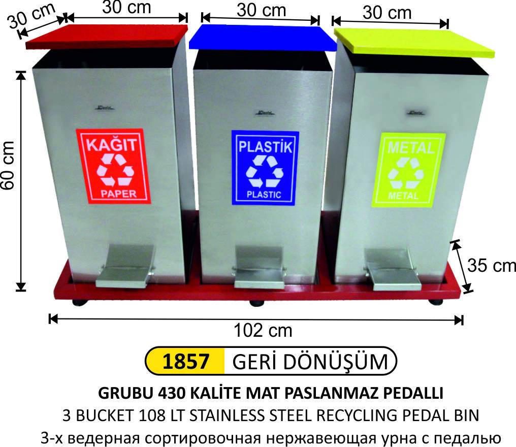 GERİDÖNÜŞÜM KOVASI PEDALLI PASLANMAZ 3 LÜ