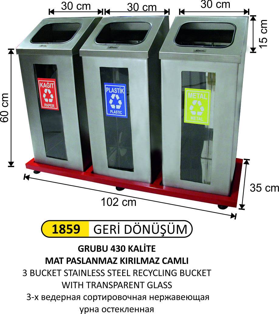 GERİDÖNÜŞÜM KOVASI CAMLI PASLANMAZ 3 LÜ