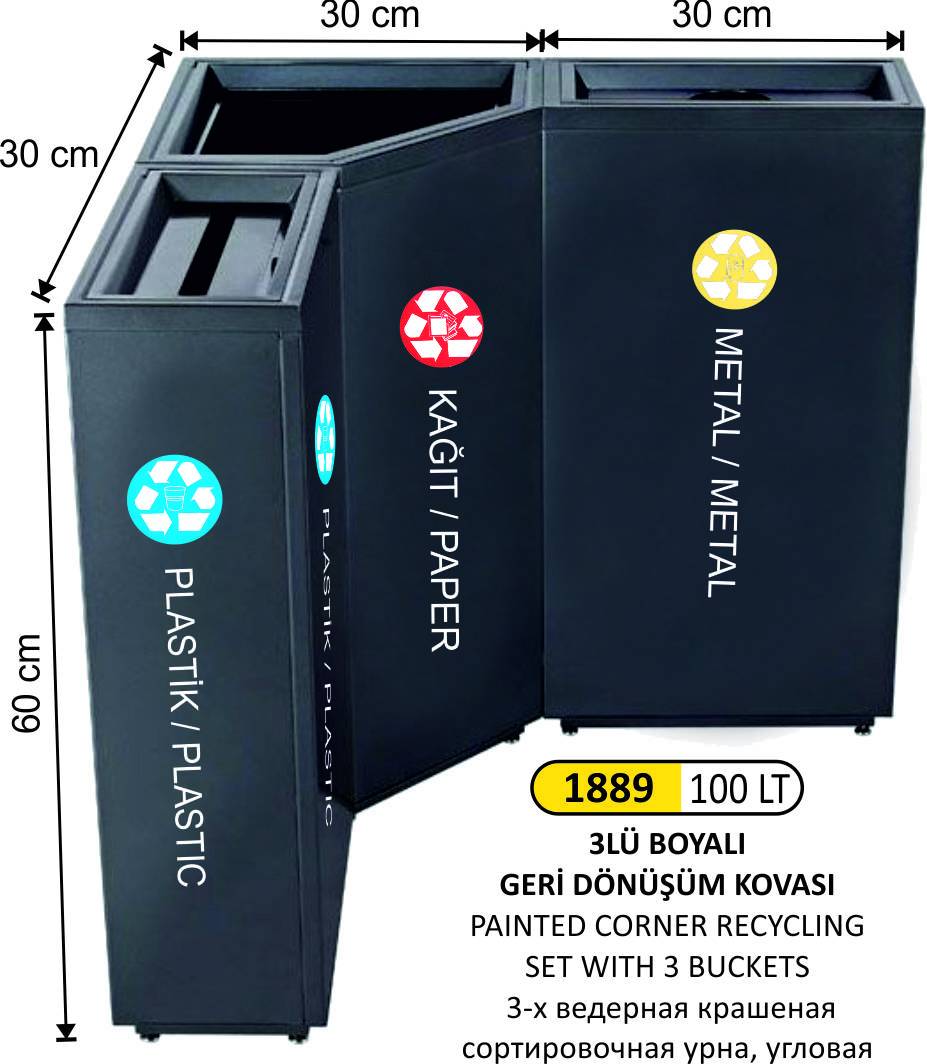 GERİ DÖNÜŞÜM KOVASI KÖŞE 3 LÜ BOYALI