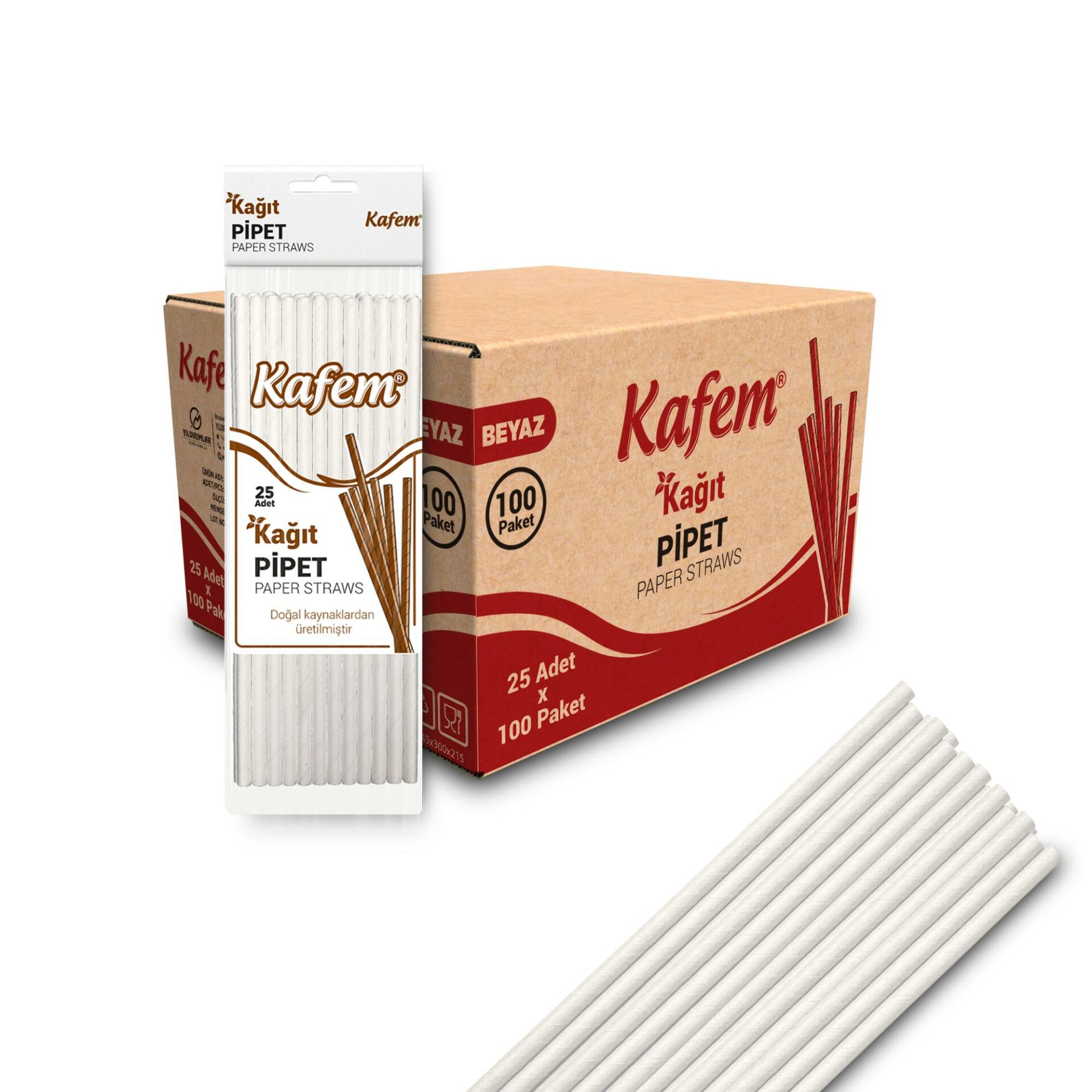 Kafem Beyaz Kağıt Pipet 19,5cm 25li x 100 Paket (Koli)