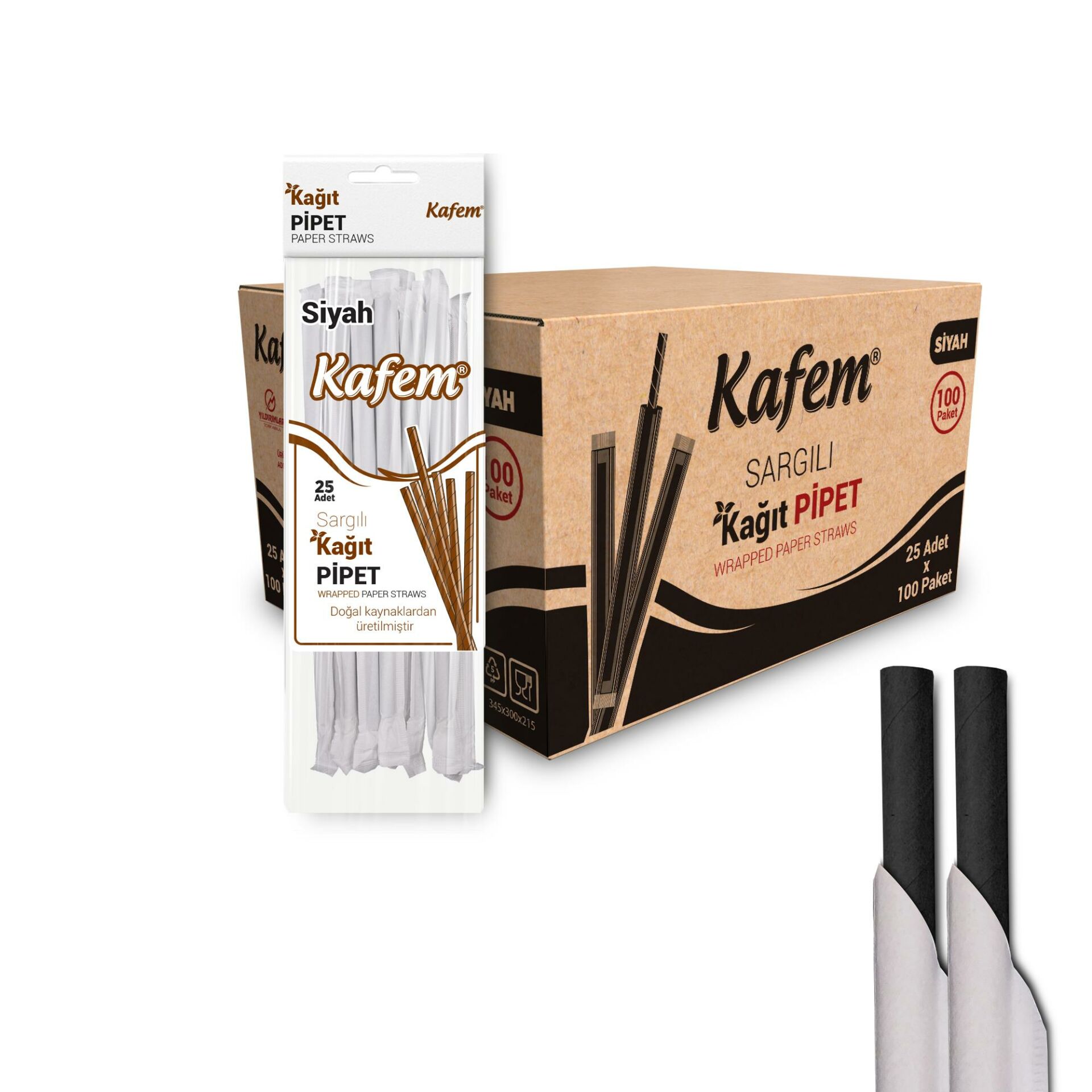 Kafem Sargılı Siyah Kağıt Pipet 19,5cm 25li x 100 Paket (Koli)