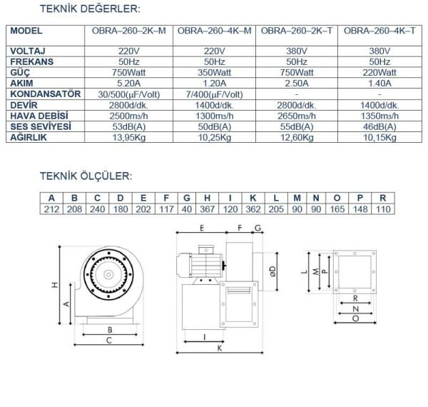 Ayas OBRA-260 Tek Emişli Radyal Salyangoz Fan 2800 d/d 220 Volt Monofaze