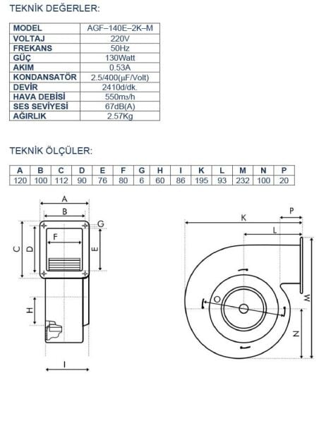 Ayas AGF-140E-2K-M Alüminyum Radyal Salyangoz Fan