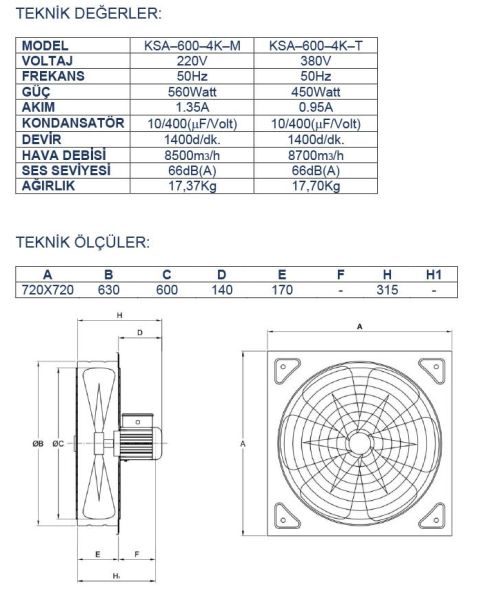 Ayas 60 cm Kare Sanayi Tipi Aspiratör 220 Volt Monofaze