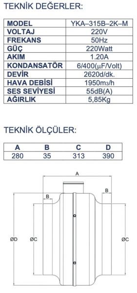 Ayas YKA-315B Yuvarlak Kanal Tipi Fan