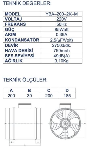 Ayas YBA-200 Yuvarlak Kanal Tipi Aksiyel Fan 750m3/h