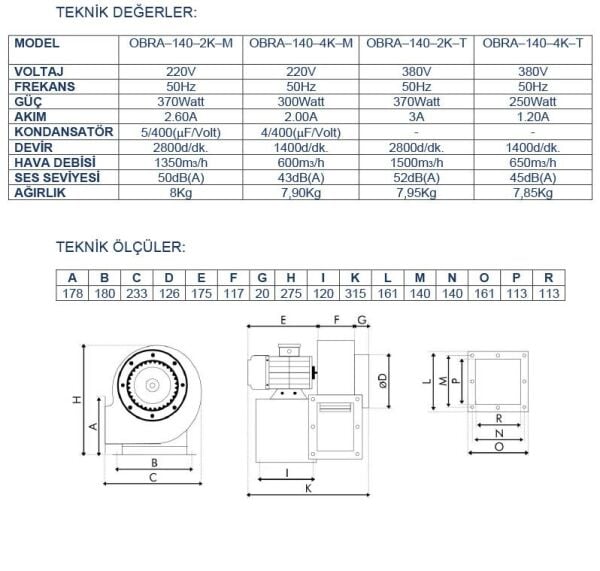 Ayas OBRA-140 Tek Emişli Radyal Salyangoz Fan 1400 d/d 220 Volt Monofaze