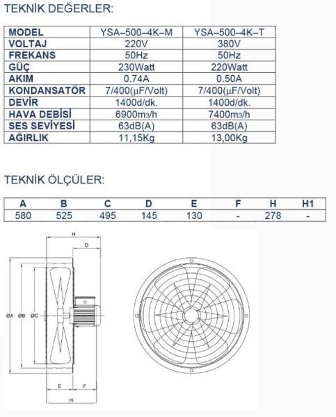 Ayas 50 cm Sanayi Tipi Aspiratör 380 Volt Trifaze