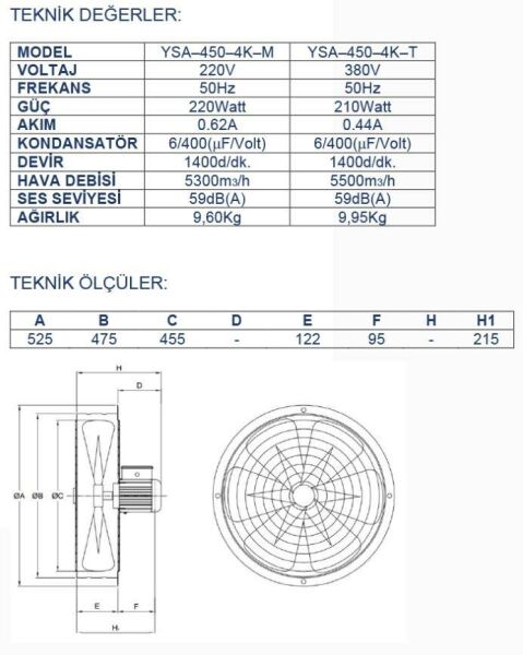 Ayas 45 cm Sanayi Tipi Aspiratör 380 Volt Trifaze