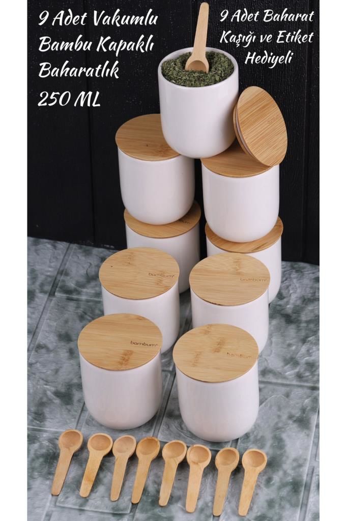 Porter 27 Parça Bambu Vakum Kapaklı Baharatlık Seti 250 ML - Yuvarlak Baharatlık Takımı