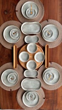 Daisy 35 Parça Porselen - Bambu Kahvaltı Takımı - Lüx Kahvaltılık Sunum Seti