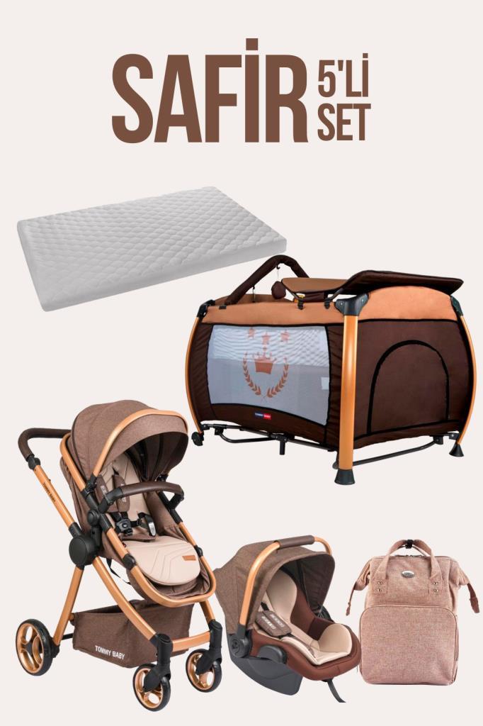 TommyBaby Safir 5'li Set Bebek Arabası Oyun Parkı Çanta Yatak KAHVE