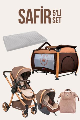 TommyBaby Safir 5'li Set Bebek Arabası Oyun Parkı Çanta Yatak KAHVE
