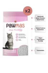 Pawmas Bebek Pudrası Kokulu Bentonit Kedi Kumu 10 Lt x 2 Adet