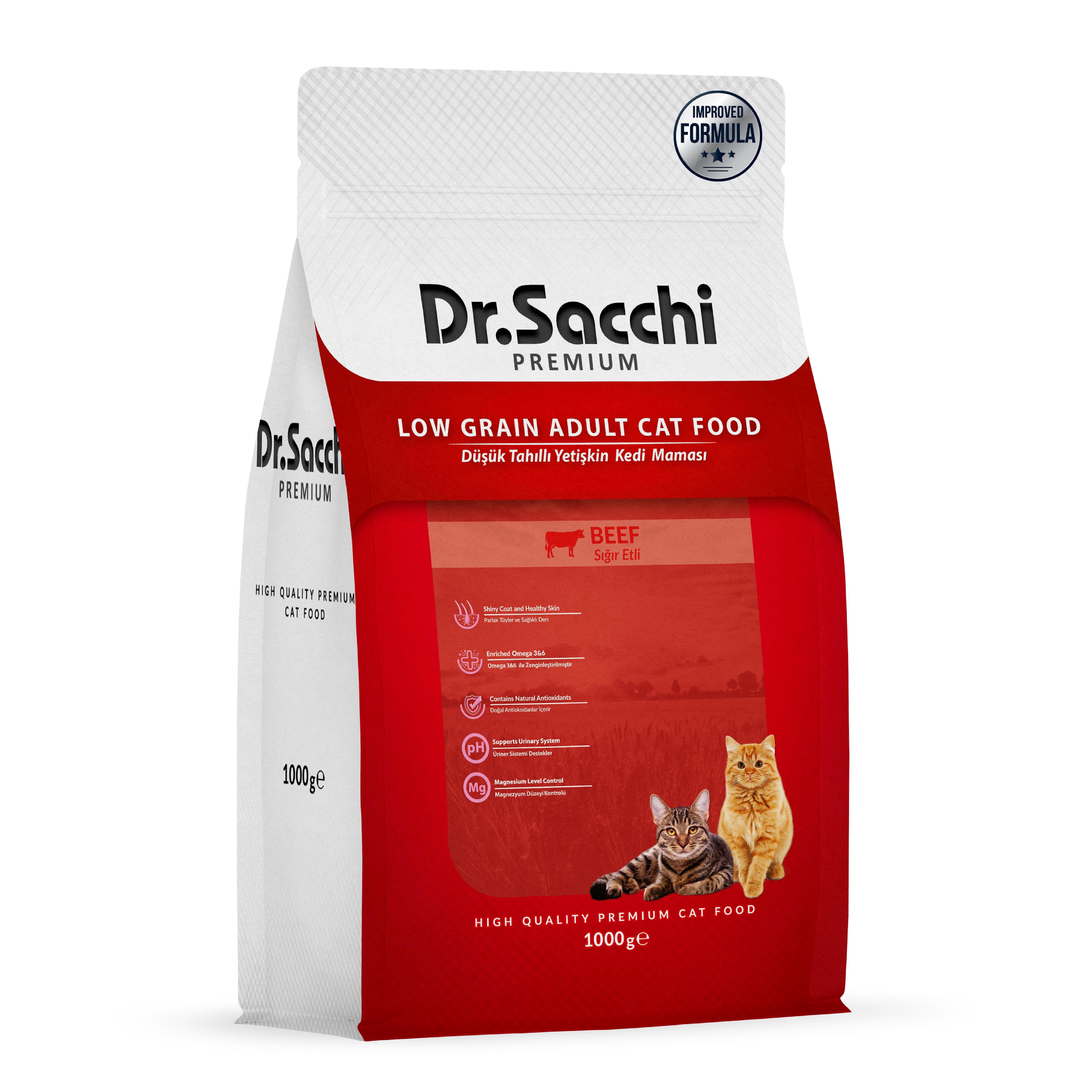 Dr.Sacchi Premium Düşük Tahıllı Sığır Etli Yetişkin Kedi Maması 1 Kg