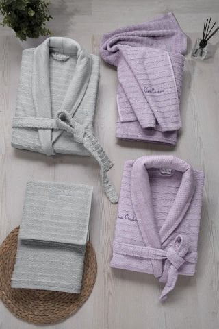 Pierre Cardin Jakarlı Aile Bornoz Seti Lila - Gri