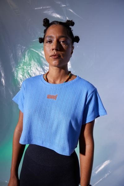 3D Woof Baskı Crop Top (Mavi)