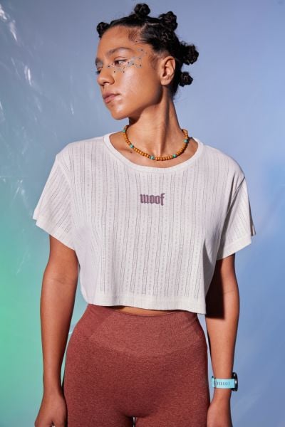 3D Woof Baskı Crop Top (Ekru)