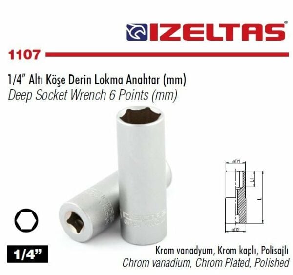 İZELTAŞ 1/4” Altı Köşe Derin Lokma Anahtar 8 mm(1107 06 4008)