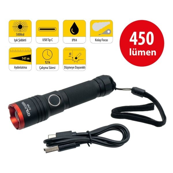 CETA R.P5R Şarjlı El Feneri 450 Lümen (Focus Özellikli)
