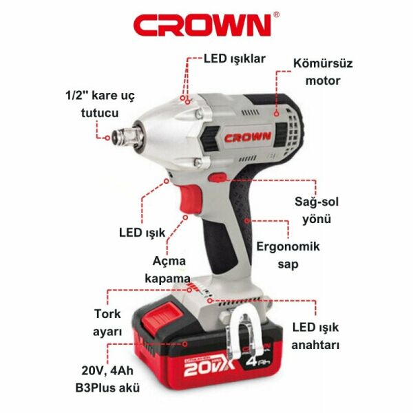 CROWN CT22015HX-4 TB Şarjlı Somun Sıkma 20 Volt 4.0 Amper Çift Akülü