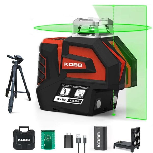 KOBB KBL32GTP Profesyonel Li-ion Yatay 360° ve Dikey Otomatik Hizalamalı Yeşil Nokta Şakül ve Çapraz Çizgi Lazer+Tripod