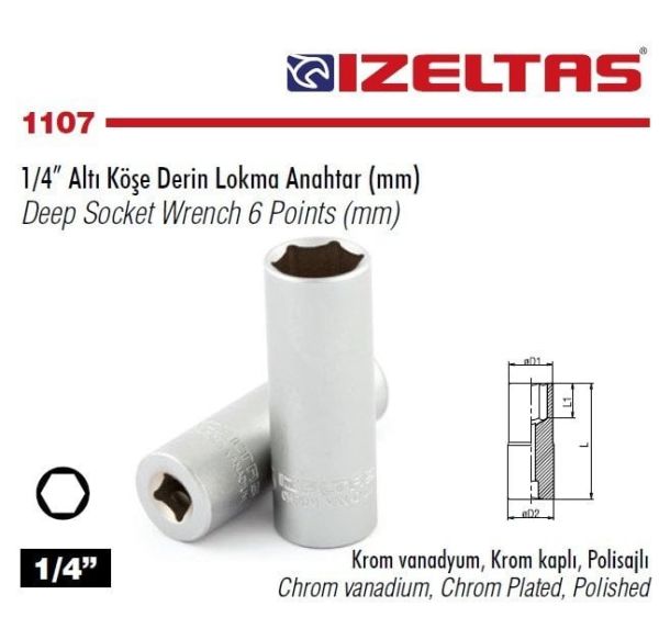 İZELTAŞ 1/4” Altı Köşe Derin Lokma Anahtar 13 mm(1107 06 4013)