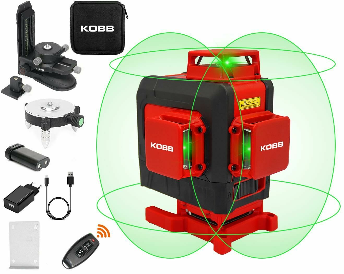 KOBB  KBL35G Profesyonel Li-ion Şarjlı 4X360⁰ Otomatik Hizalamalı Yeşil Çapraz Çizgi Lazer Distomat + Uzaktan Kumanda