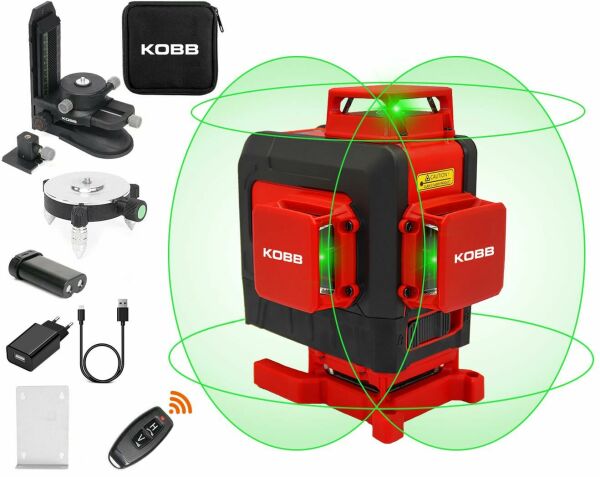 KOBB  KBL35G Profesyonel Li-ion Şarjlı 4X360⁰ Otomatik Hizalamalı Yeşil Çapraz Çizgi Lazer Distomat + Uzaktan Kumanda